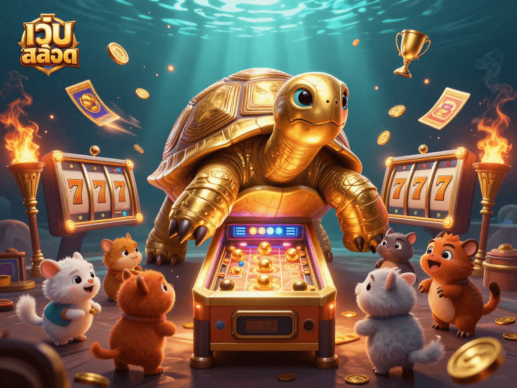 Experience thrilling เว็บสล็อต action with a giant golden tortoise pinball machine surrounded by dynamic gambling elements.