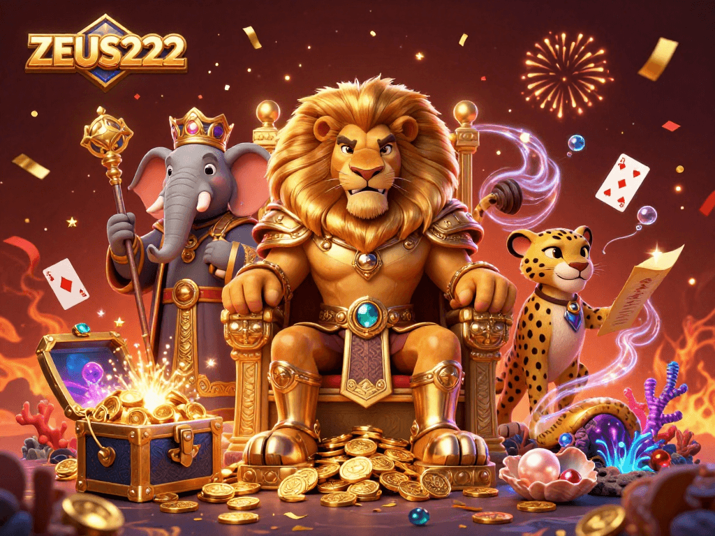 Engage with ZEUS222 and discover a powerful gaming experience amidst vibrant casino-themed elements.