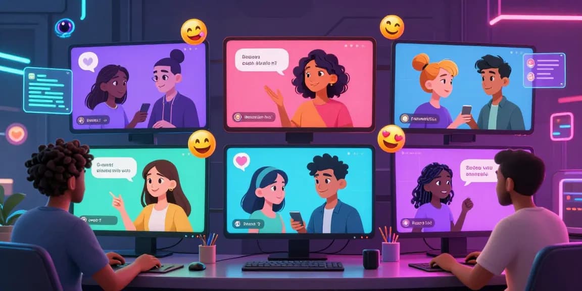 Dynamic digital chat scene showcasing diverse AI characters engaged in ai spicy talk with colorful avatars and neon lighting.