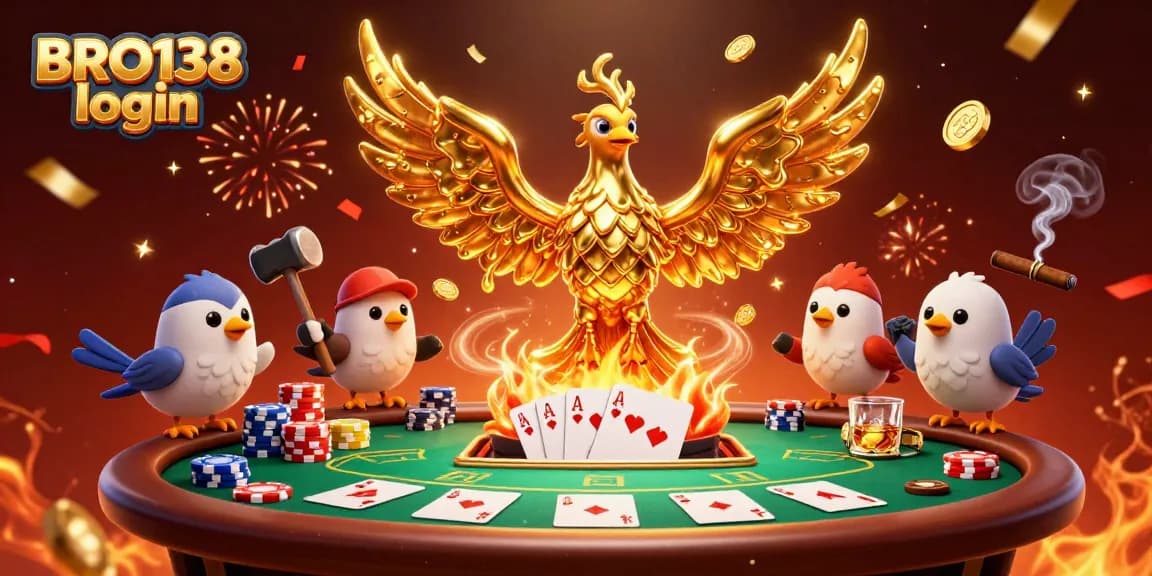 Experience the thrill of BRO138 login with vibrant poker action and golden phoenix elements.