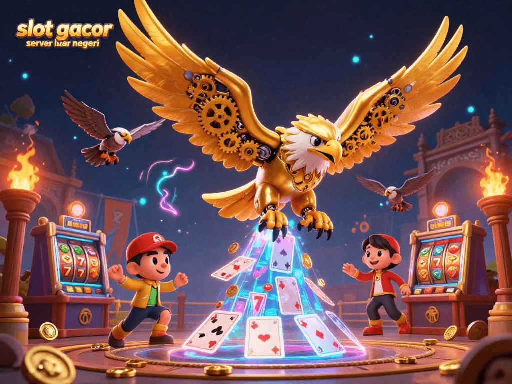 Engage with the vibrant slot gacor server luar negeri scene showcasing a thrilling gambling atmosphere with flying gold coins and holographic cards.