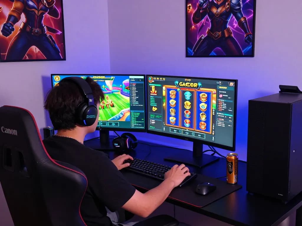 Engaging player immersed in slot gacor games on dual monitors during a vibrant gaming session.
