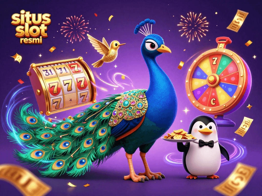 Experience winning thrills with situs slot resmi amidst vibrant slot reels and festive characters.