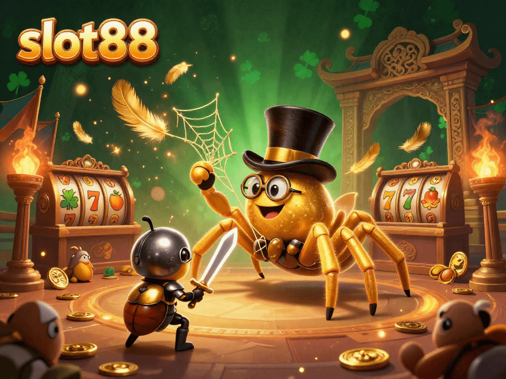 Experience the dynamic scene of slot88 with a golden tarantula, beetle knight, and vibrant casino elements.