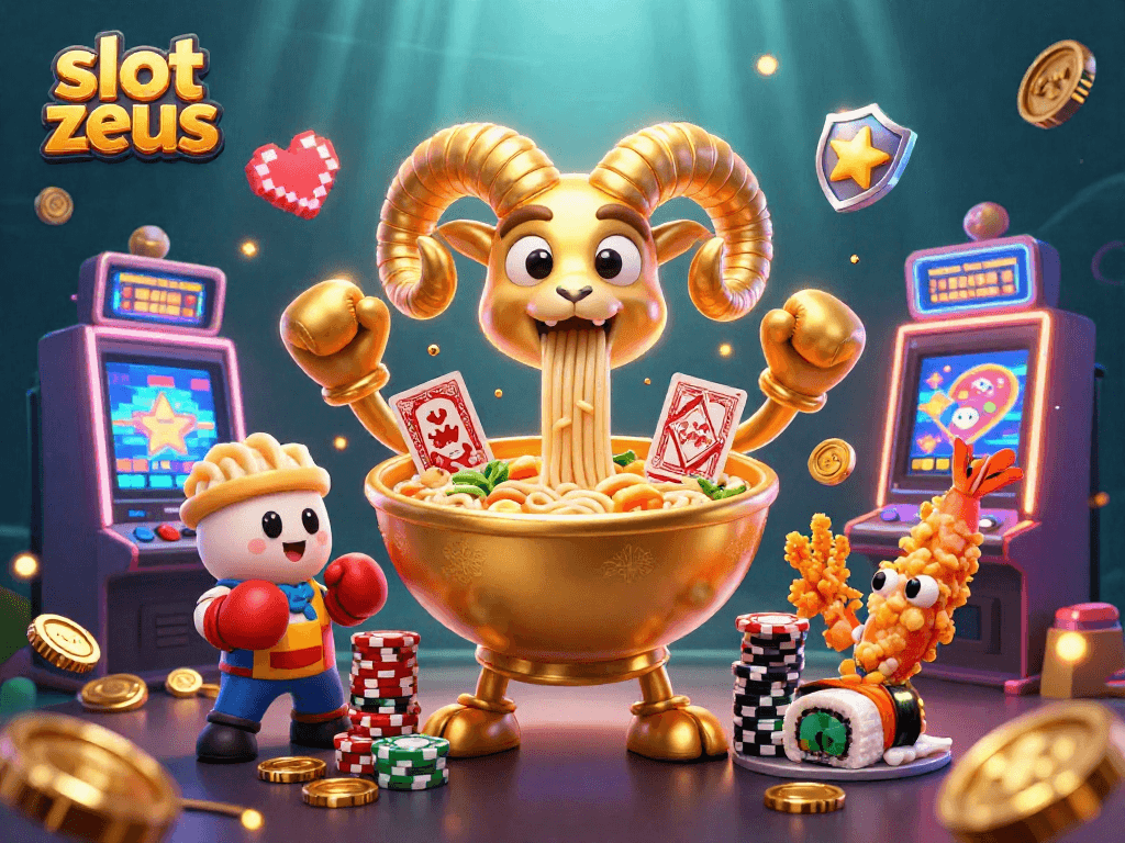 Experience Slot Zeus excitement with vibrant cartoon characters in a dynamic casino setting.