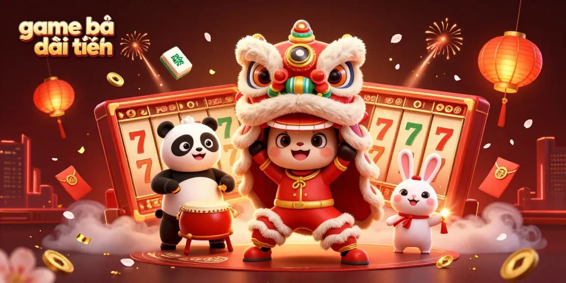 Engage in game bài đổi thưởng with vibrant 3D casino-themed illustration featuring festive characters and exciting game elements.