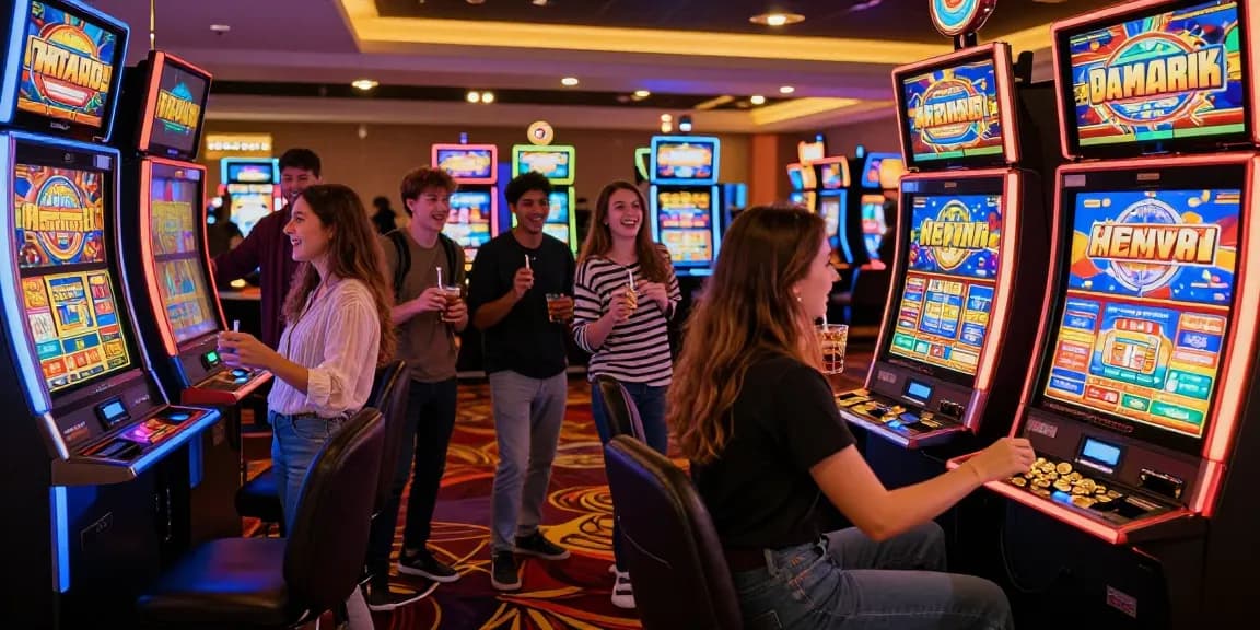 Group enjoying a lively slot machine experience at a casino.