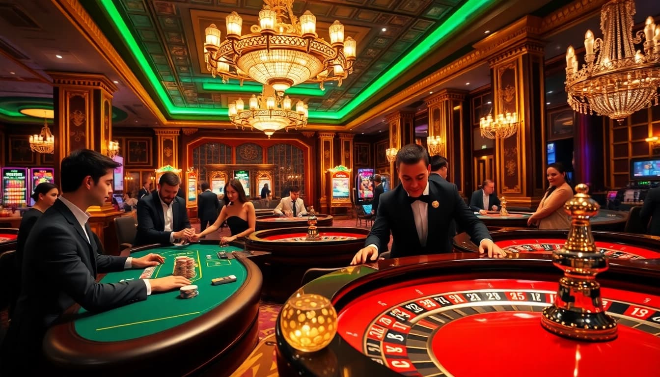 Cue an engaging casino ambiance with intense players at roulette and poker tables.