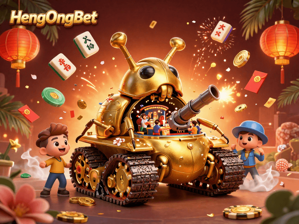 Experience HengOngBet's vibrant casino world with a golden beetle tank and dynamic game elements.