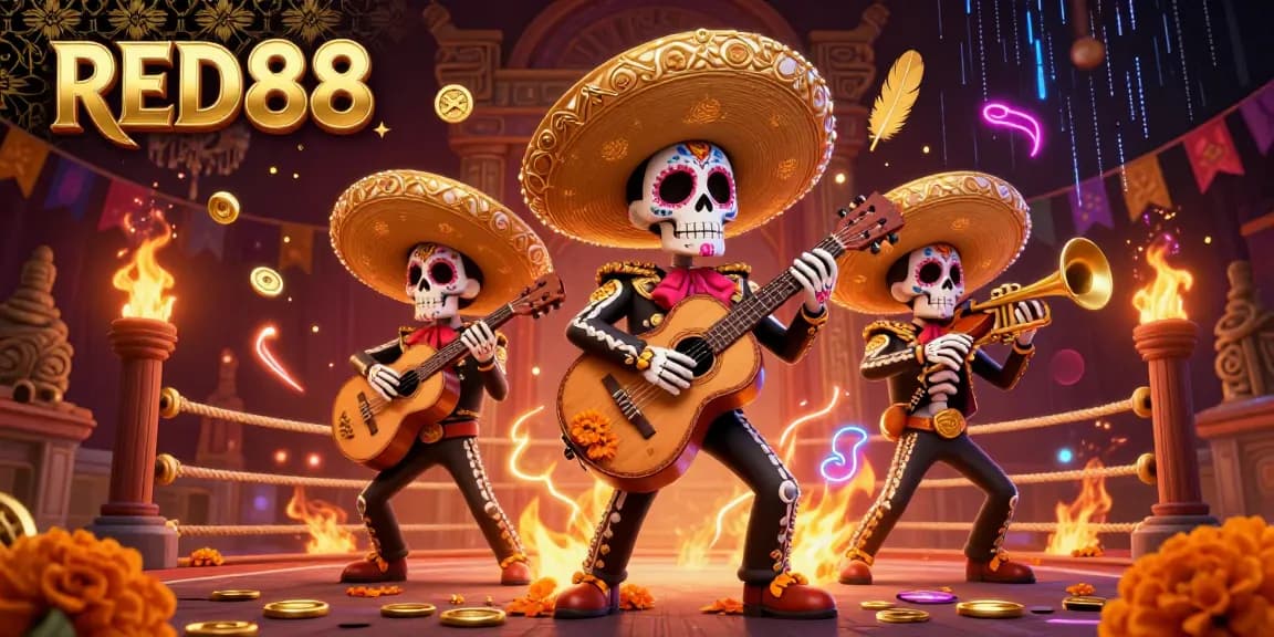 Engage in thrilling gameplay at RED88's lively casino scene, featuring skeleton mariachi musicians.