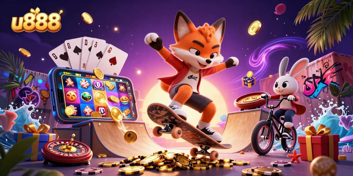 Experience thrilling gameplay at u888 with dynamic casino-themed characters and vibrant slot game elements.