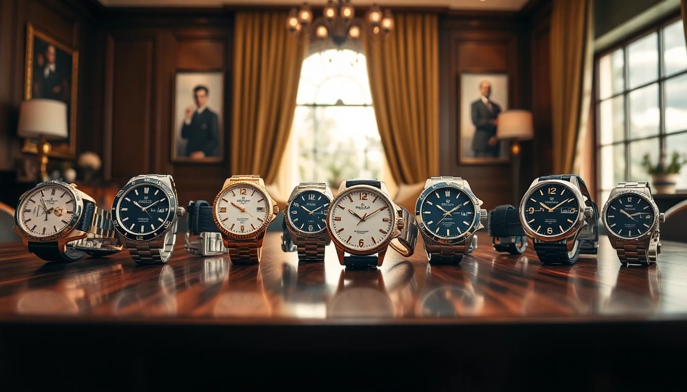 Showcase an exquisite collection of replica watches on a wooden table, highlighting their craftsmanship.