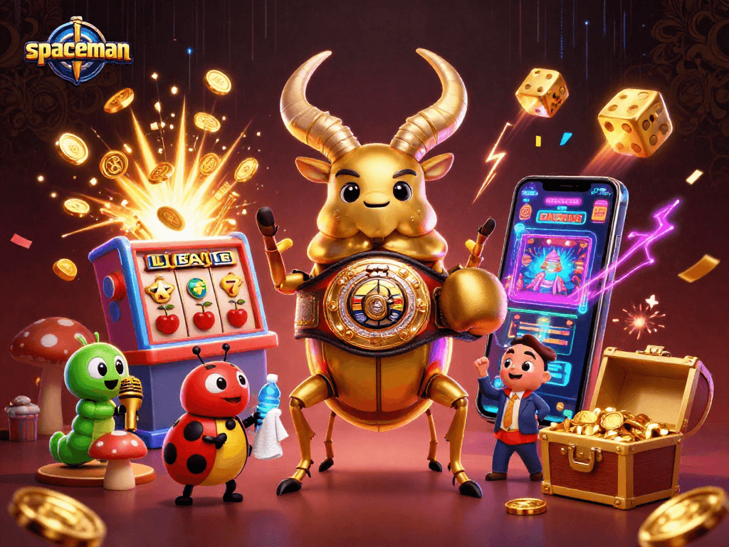 Spaceman giant stag beetle confronts a jackpot explosion in this vibrant casino scene.