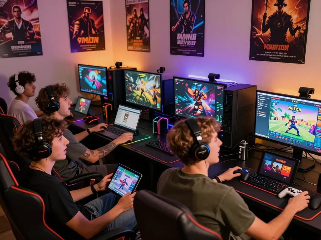 Group enjoying a variety of porngame experiences in a vibrant gaming lounge.