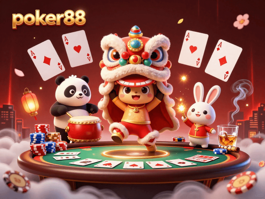 Poker88 menghadirkan suasana kasino menarik dengan karakter tarian singa, panda, dan kelinci serta elemen permainan kartu.