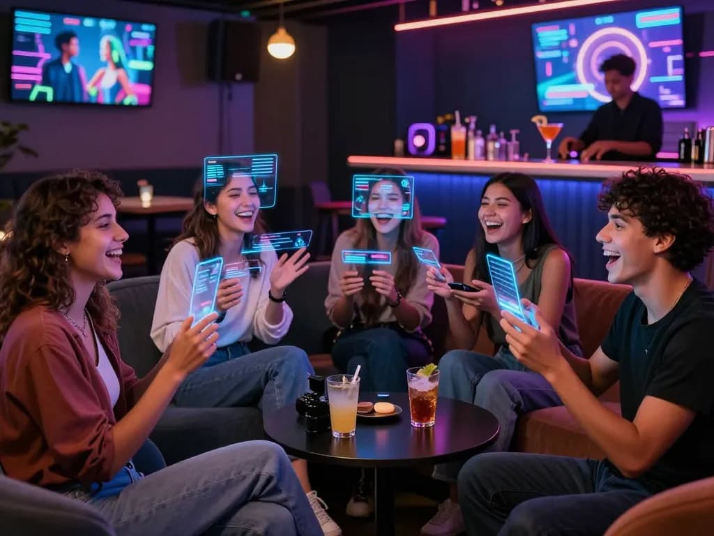 Social group engaging in NSFW AI chats at a digital lounge, showcasing vibrant nightlife.