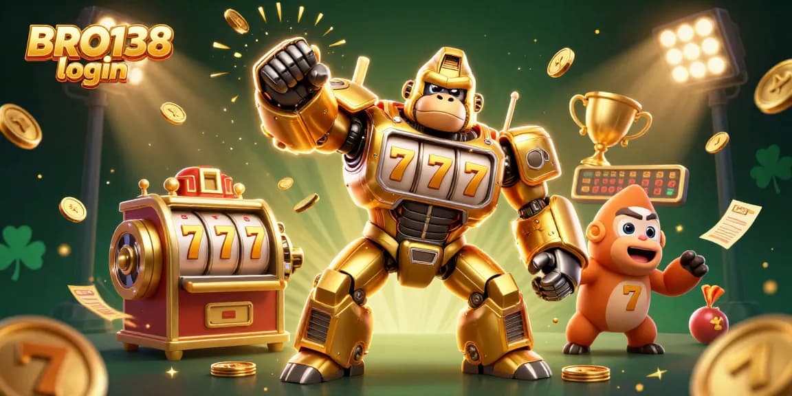 Experience thrilling gameplay with BRO138 login featuring a golden gorilla mech amidst slot reels and gold coins.
