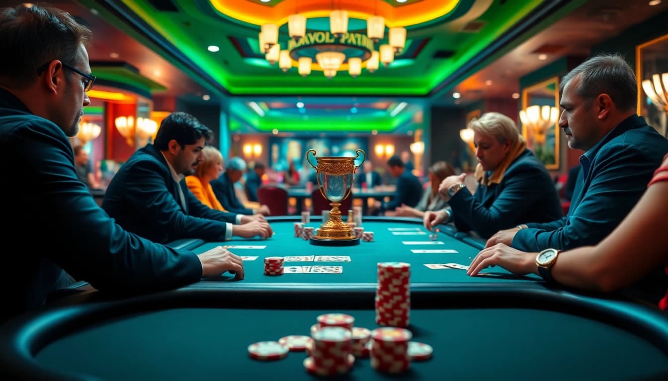 Engaging scene of a Poker Game with players at a table, chips, and vibrant casino background.