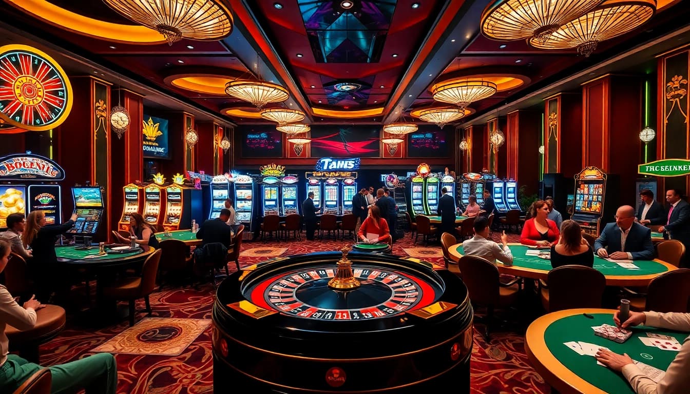 The vibrant casino scene showcasing players engaged in various games at https://688v.games/, with roulette and poker prominently featured.