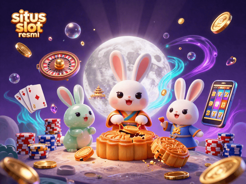 Gambarkan situs slot resmi dengan kelinci bulan 3D menumbuk kue bulan sambil dikelilingi chip poker dan roda roulette.