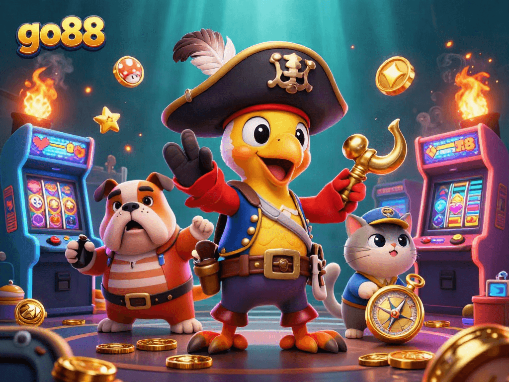 Experience thrilling gameplay at go88 with pirate-themed casino illustrations featuring arcade machines and vibrant game elements.