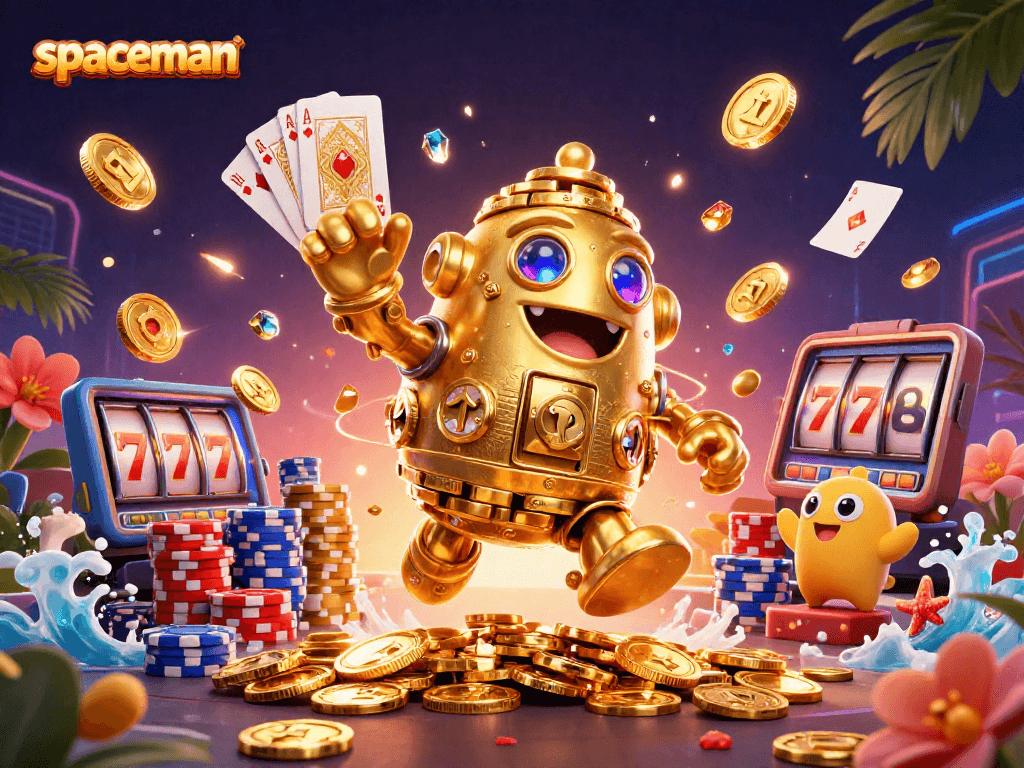 Spin to win with spaceman in a vibrant casino scene featuring shimmering coins and playing cards.