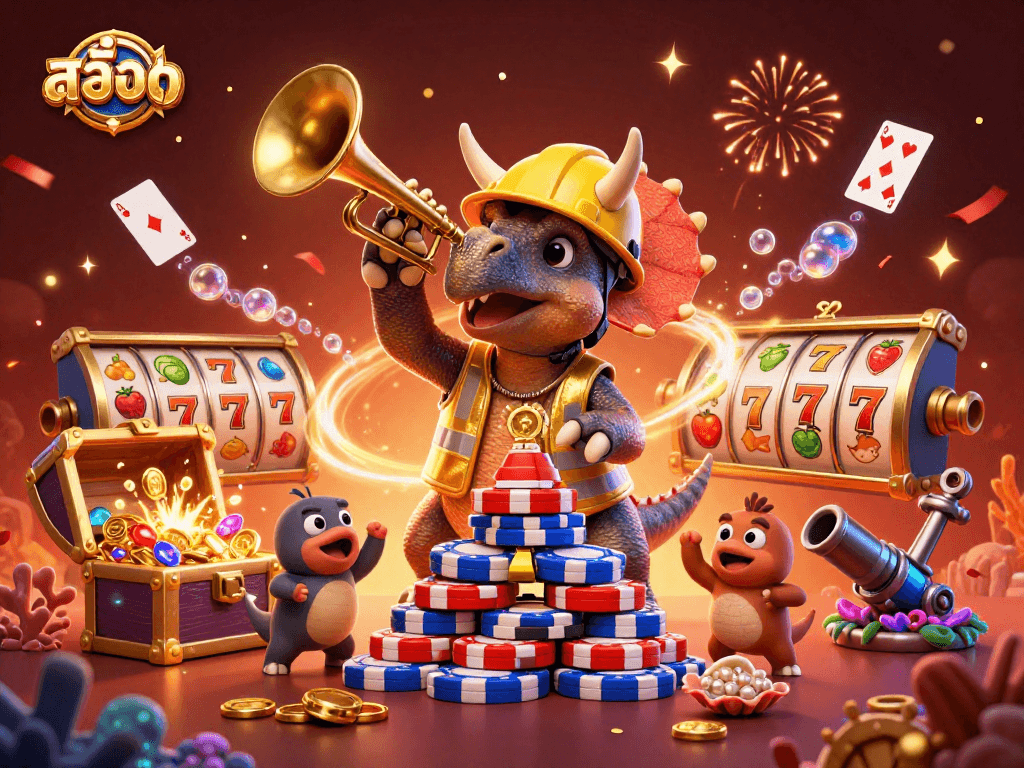 Spin the reels with สล็อต surrounded by poker chips, confetti, and colorful gems in a festive scene.