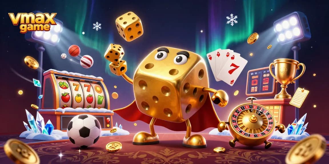 Engage with vmax game through an exciting 3D casino experience with golden dice and vibrant symbols.