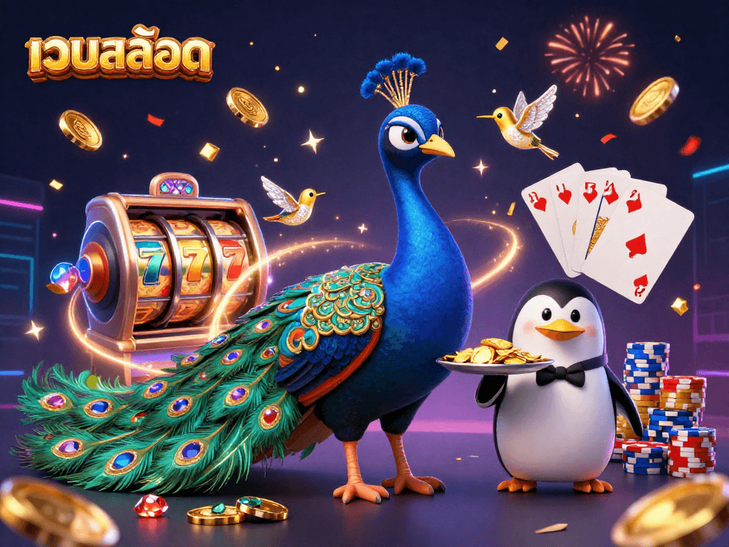 Spin the เว็บสล็อต reels with vibrant characters and rich casino elements in a celebratory scene.