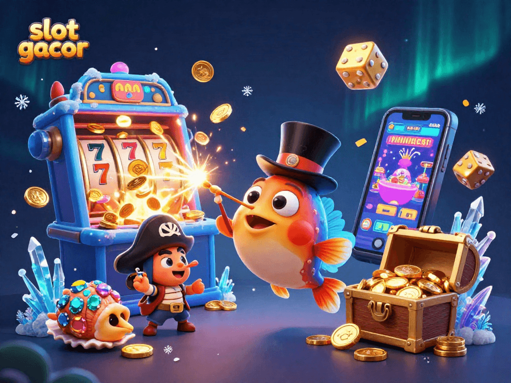 Experience slot gacor with a dynamic scene of cartoon characters amidst a jackpot explosion.