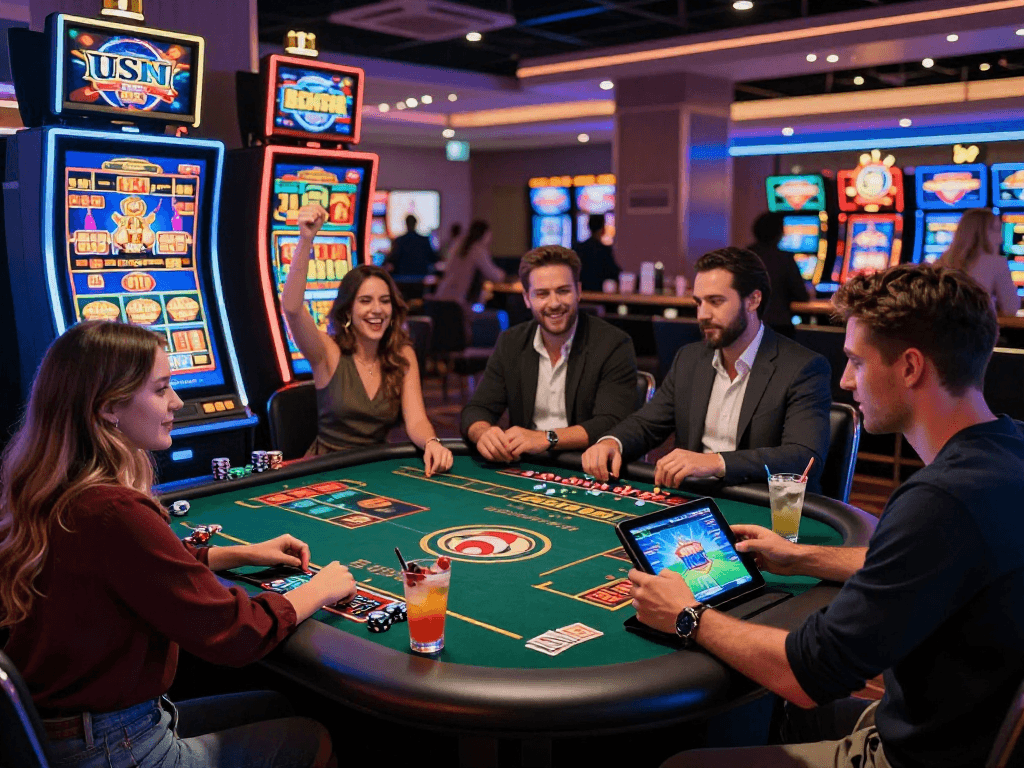 Exciting scene of UK players enjoying USA casinos for UK players, celebrating wins at slot machines and live gaming tables, vibrant casino atmosphere.