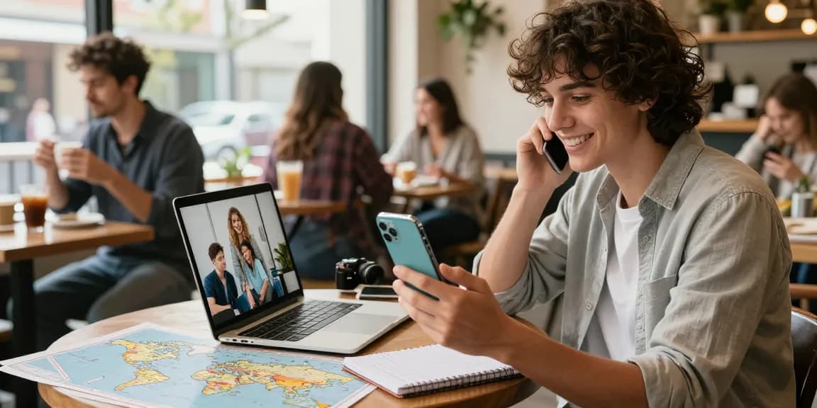 Application d'appels internationaux pour iPhone lors d'une vidéo dans un café animé, illustrant la connexion globale.