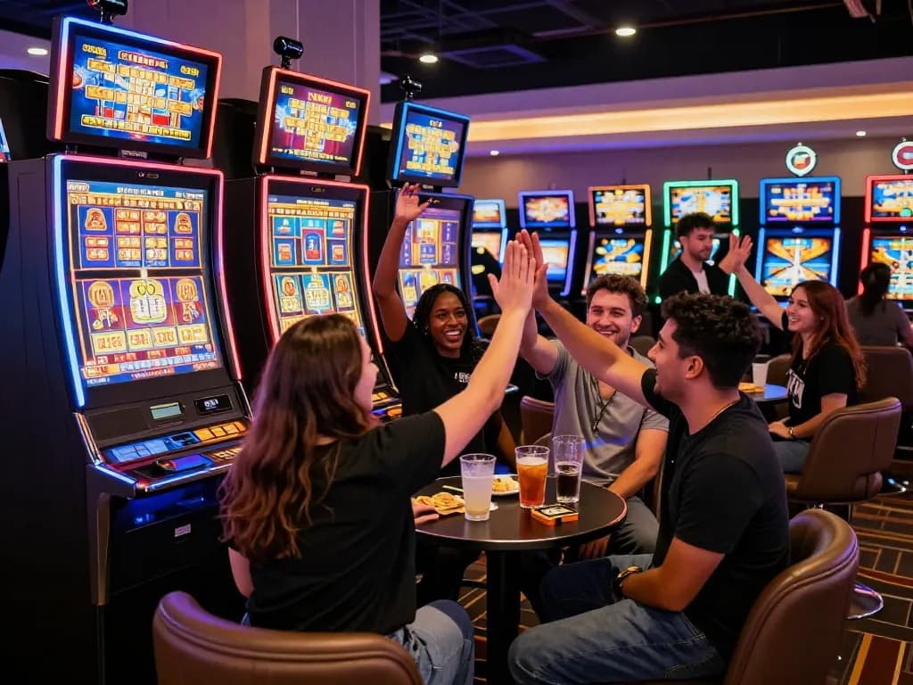 Exciting casino atmosphere featuring players at situs gacor slot machines, vibrant lights, and celebratory moments.