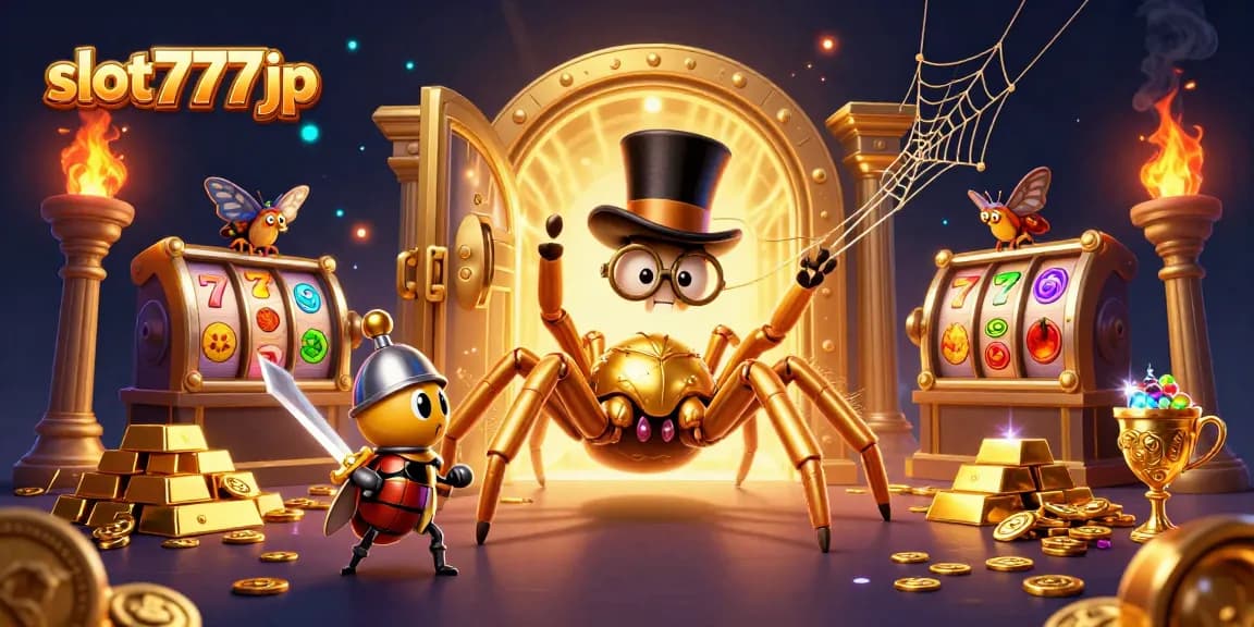 Experience the excitement of slot777jp with a vibrant illustration of a golden tarantula and knight in a casino setting.