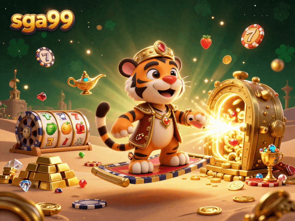 Experience excitement with sga99 slot games amidst a vibrant 3D casino scene filled with treasures.