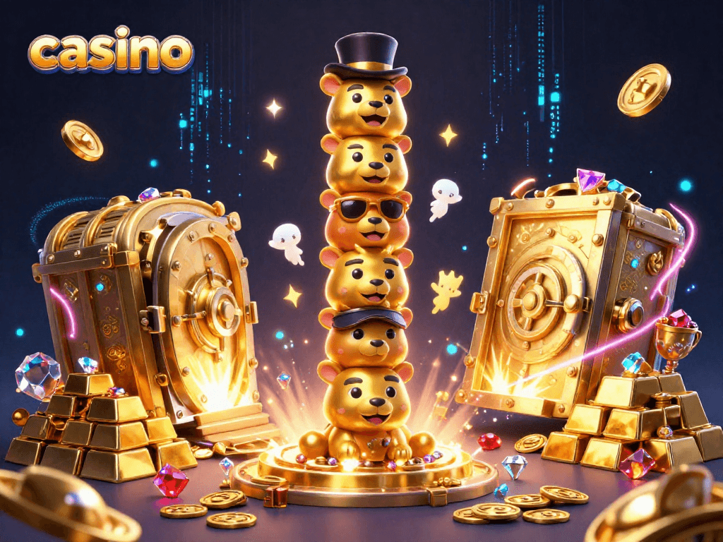 Experience vibrant casino fun with gold treasures and animated characters in a dynamic 3D illustration.