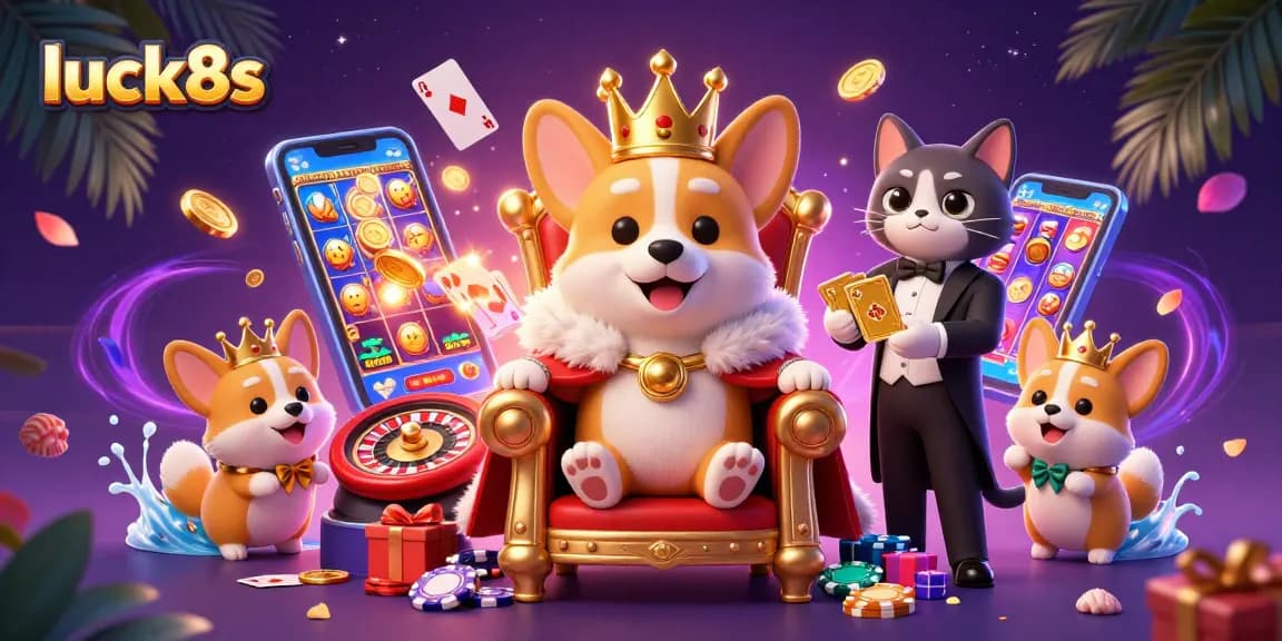 Spin the reels in luck8s through a vibrant 3D scene with a royal corgi and exciting gaming elements.