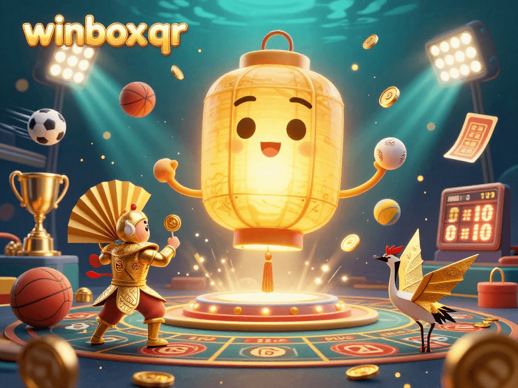 Gamblers engaging with winbox qr at a lively casino scene with dynamic elements and lucky symbols.