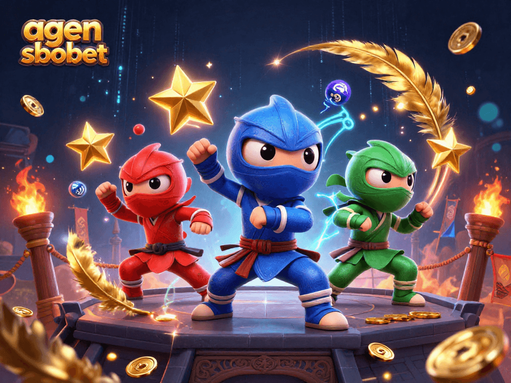 Agen sbobet showcases a team of ninja chameleons mastering martial arts surrounded by casino elements.