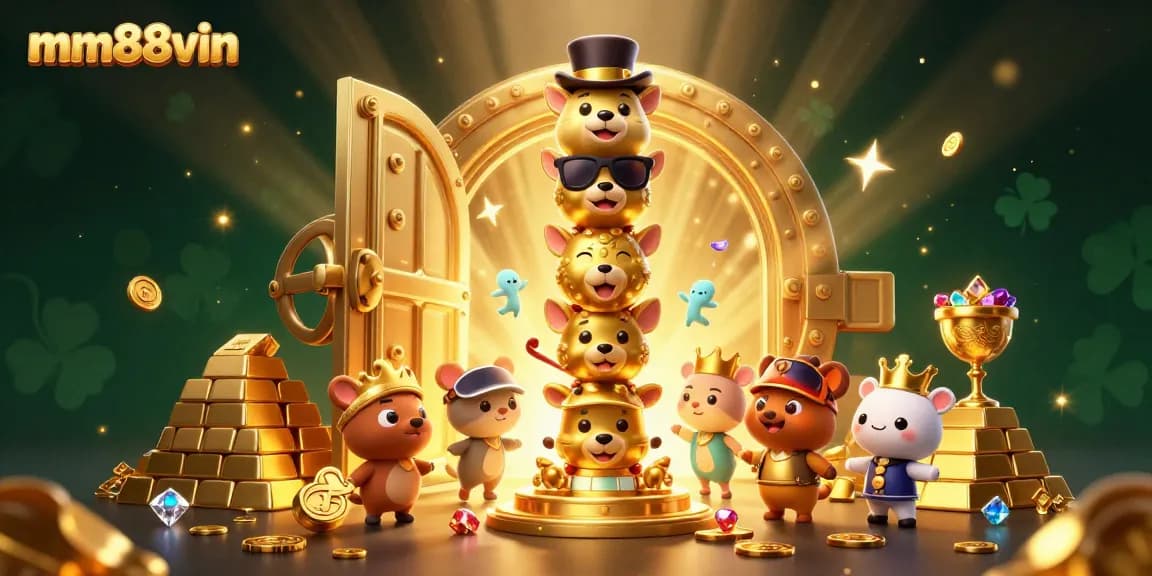 Engage with mm88vin's exciting gaming scene featuring a golden totem pole amidst treasures in a vibrant casino.
