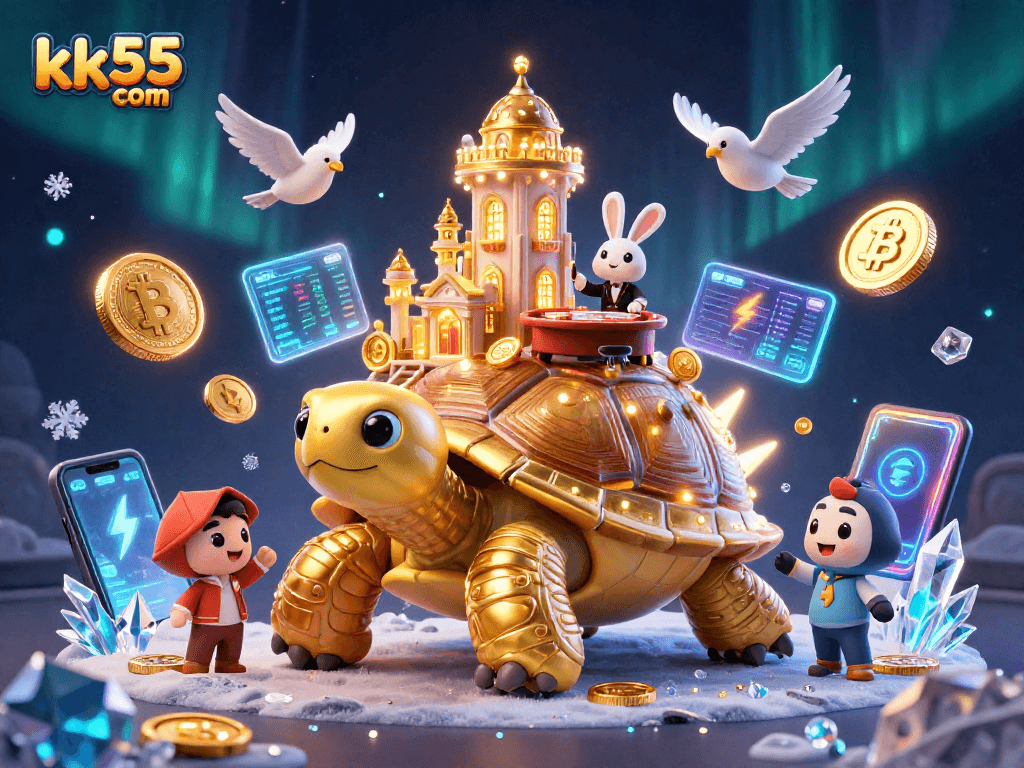 Experience thrilling games at kk55 com with golden tortoise, card table, and animated coins.
