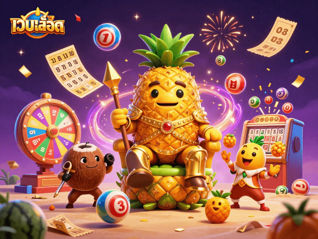 Engage players with เว็บสล็อต in a vibrant tropical casino scene featuring a pineapple king and colorful games.