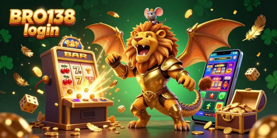 Experience the excitement of BRO138 login with an ultra-detailed casino scene featuring a roaring chimera and a dynamic slot machine.