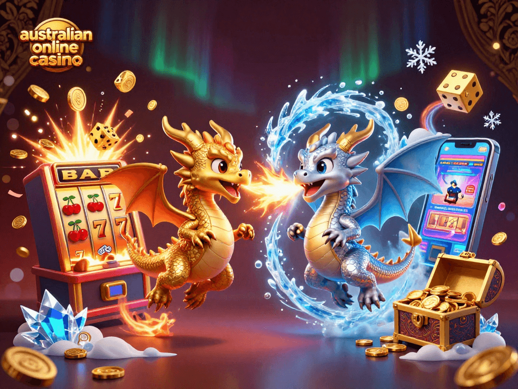 Engage in top-tier gaming action at an australian online casino with vibrant 3D dragons and dazzling slot machines.
