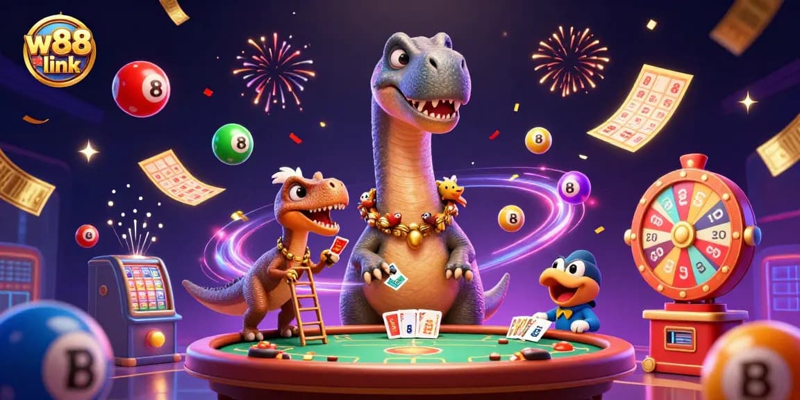 Win big with the vibrant w88 link illustration featuring dynamic casino elements and exciting characters.
