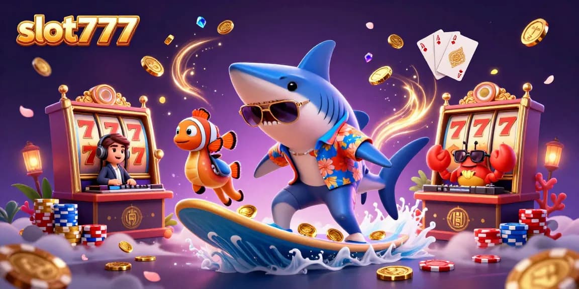 spin the slot777 reels with a fun shark character on a wave of gold coins and vibrant casino elements