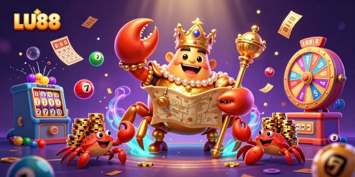 LU88 showcases a lively casino scene with a golden crab emperor amidst dynamic gaming elements.