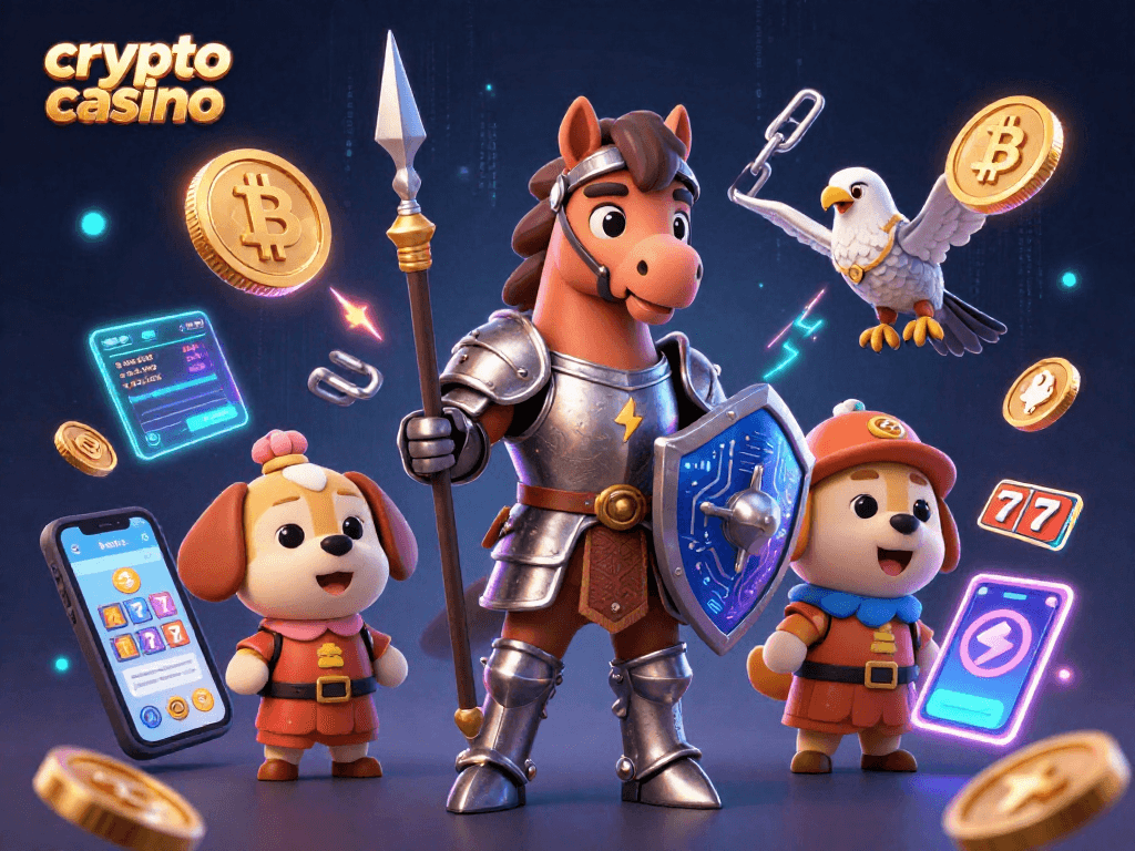 Engage in the thrill of the crypto casino adventure with our vibrant 3D illustration featuring knights and crypto elements.