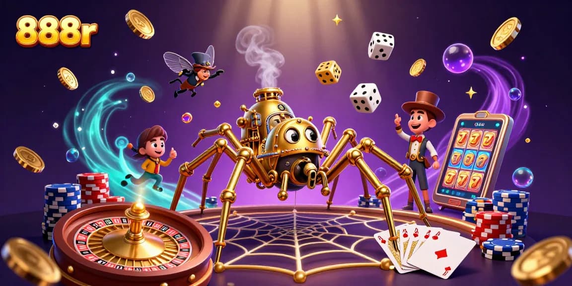Experience the thrill of 888r gaming with a colorful steampunk casino scene featuring golden coins and dice.