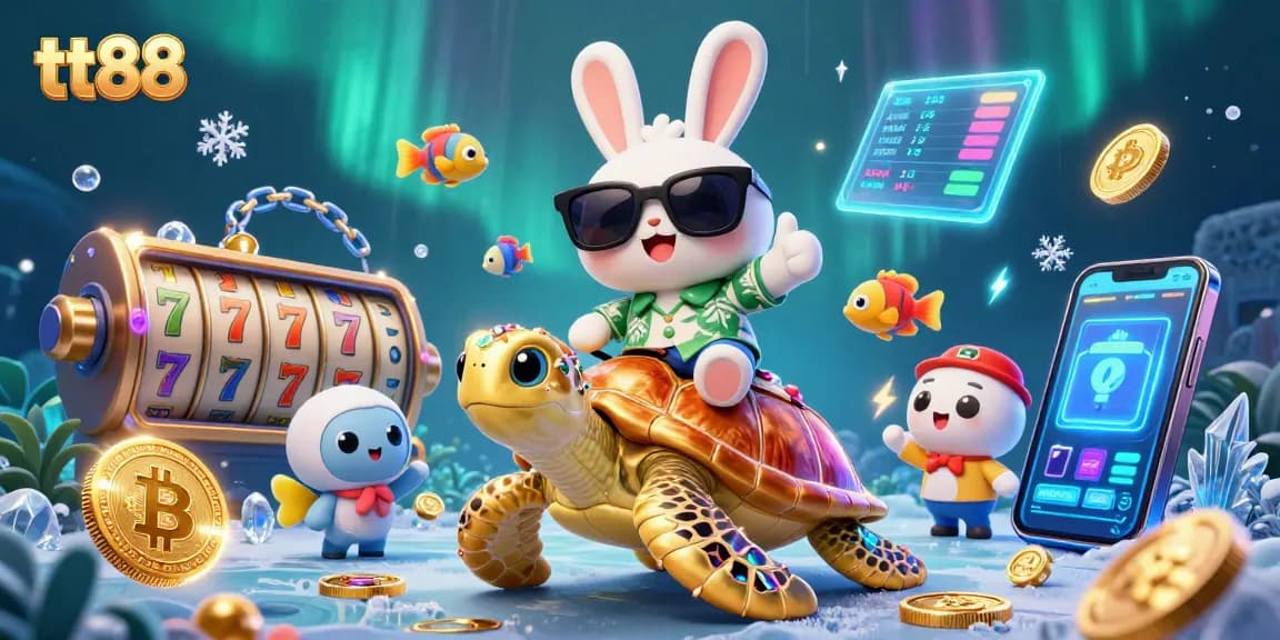 Win big at tt88 with this vibrant view of a lucky rabbit and a golden turtle in a stunning casino scene.